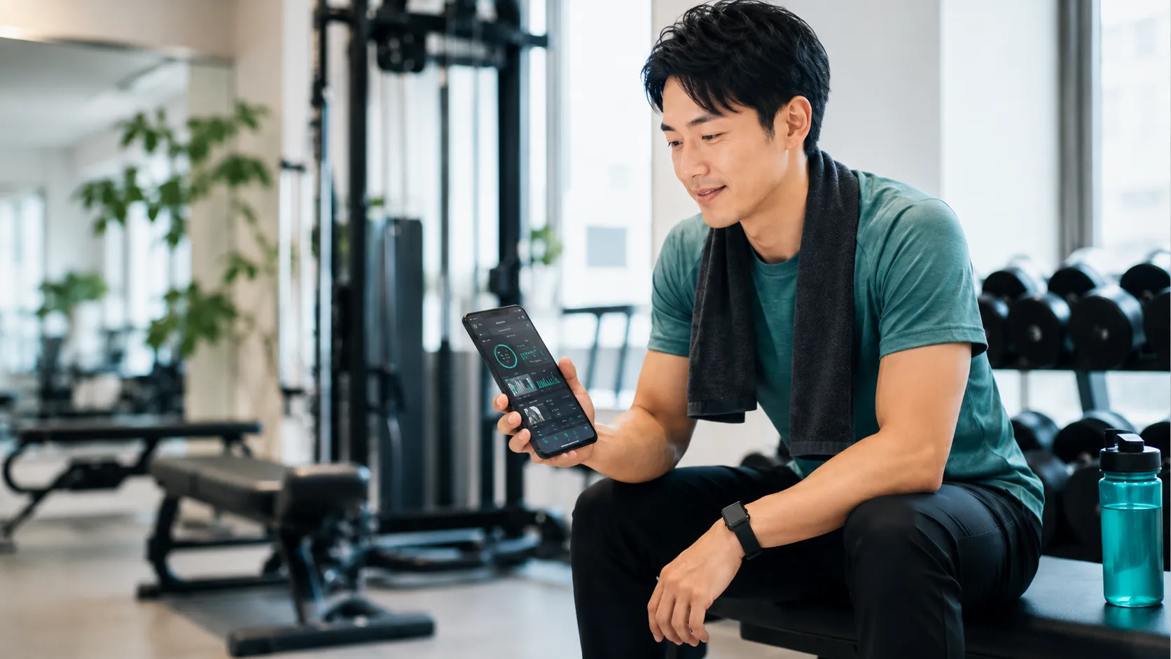 アプリでトレーニング記録を確認する男性